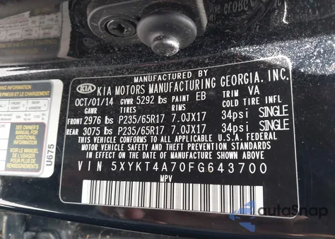 2015 Kia Sorento Lx V6 из США, поврежденный, VIN 5XYKT4A70FG643700